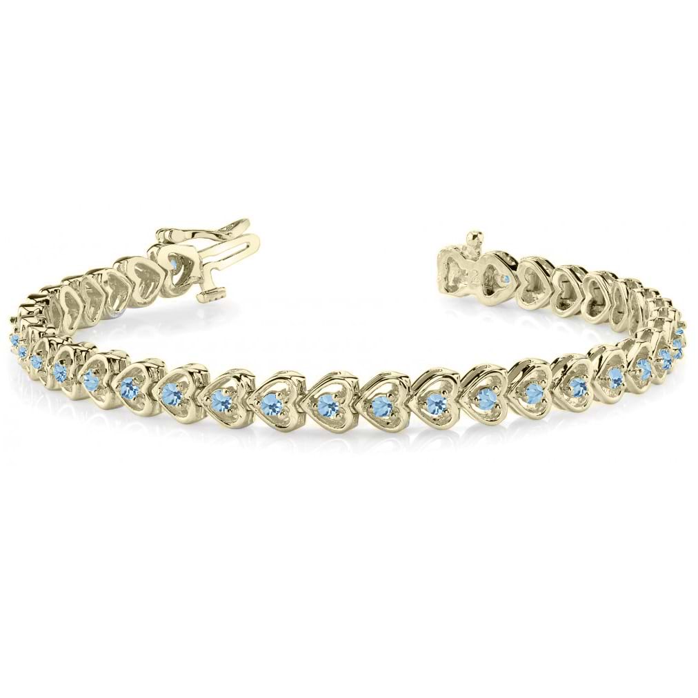 Aquamarine Tennis Heart Link Bracelet 14k Yellow Gold (2.00ct)
