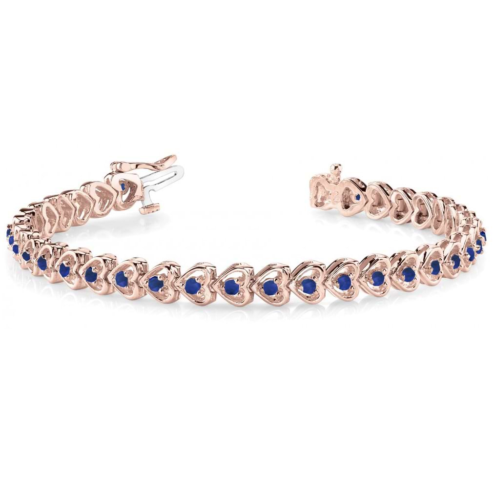 Blue Sapphire Tennis Heart Link Bracelet 14k Rose Gold (2.00ct)