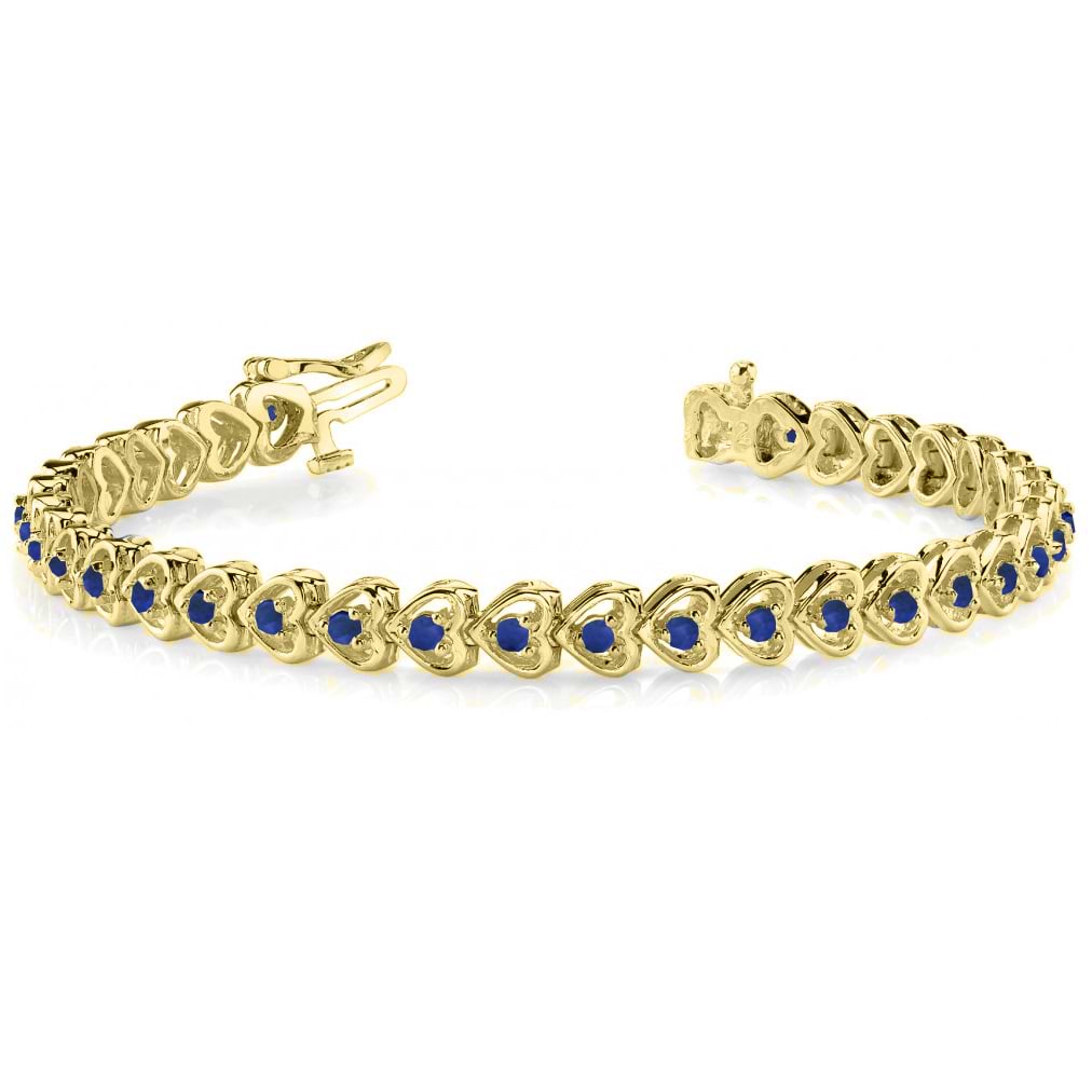 Blue Sapphire Tennis Heart Link Bracelet 14k Yellow Gold (2.00ct)