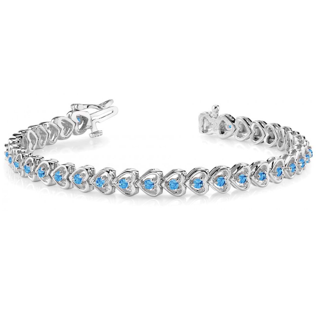 Blue Topaz Tennis Heart Link Bracelet 14k White Gold (2.00ct)