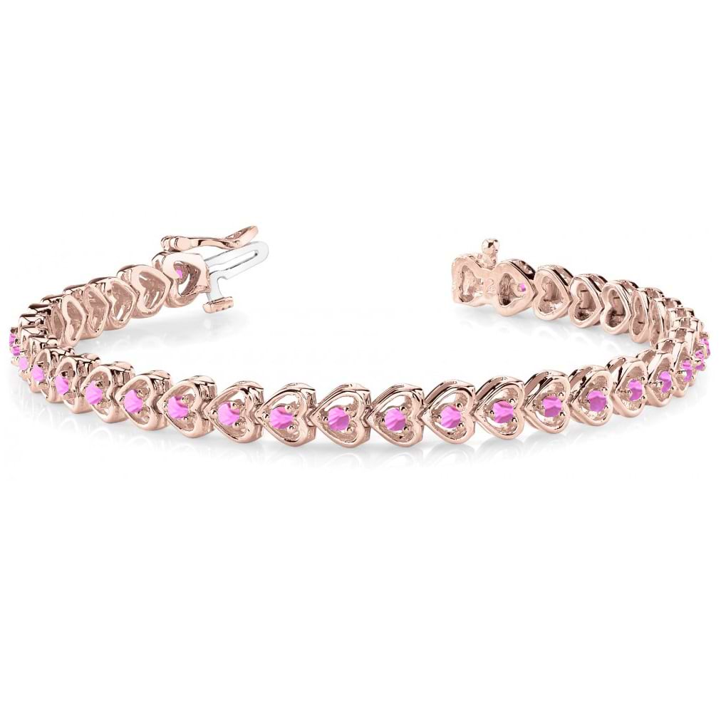 Pink Sapphire Tennis In Line Heart Link Bracelet 14k Rose Gold (2.00ct)