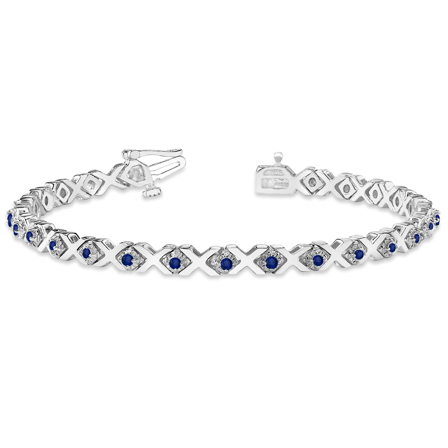 Blue Sapphire XOXO Chained Line Bracelet 14k White Gold (1.50ct)