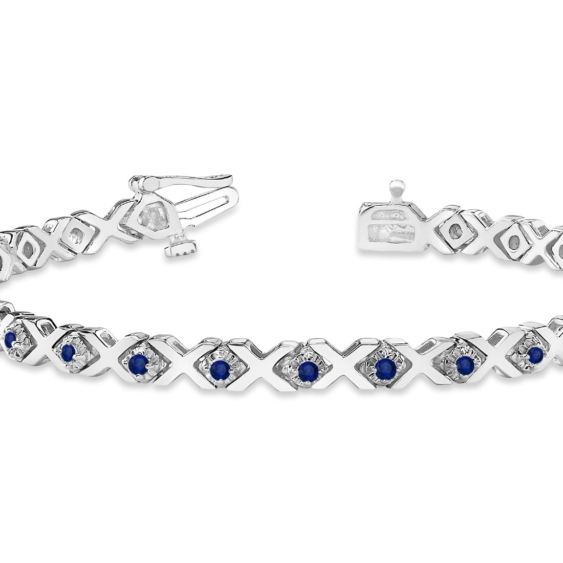 Blue Sapphire XOXO Chained Line Bracelet 14k White Gold (1.50ct)