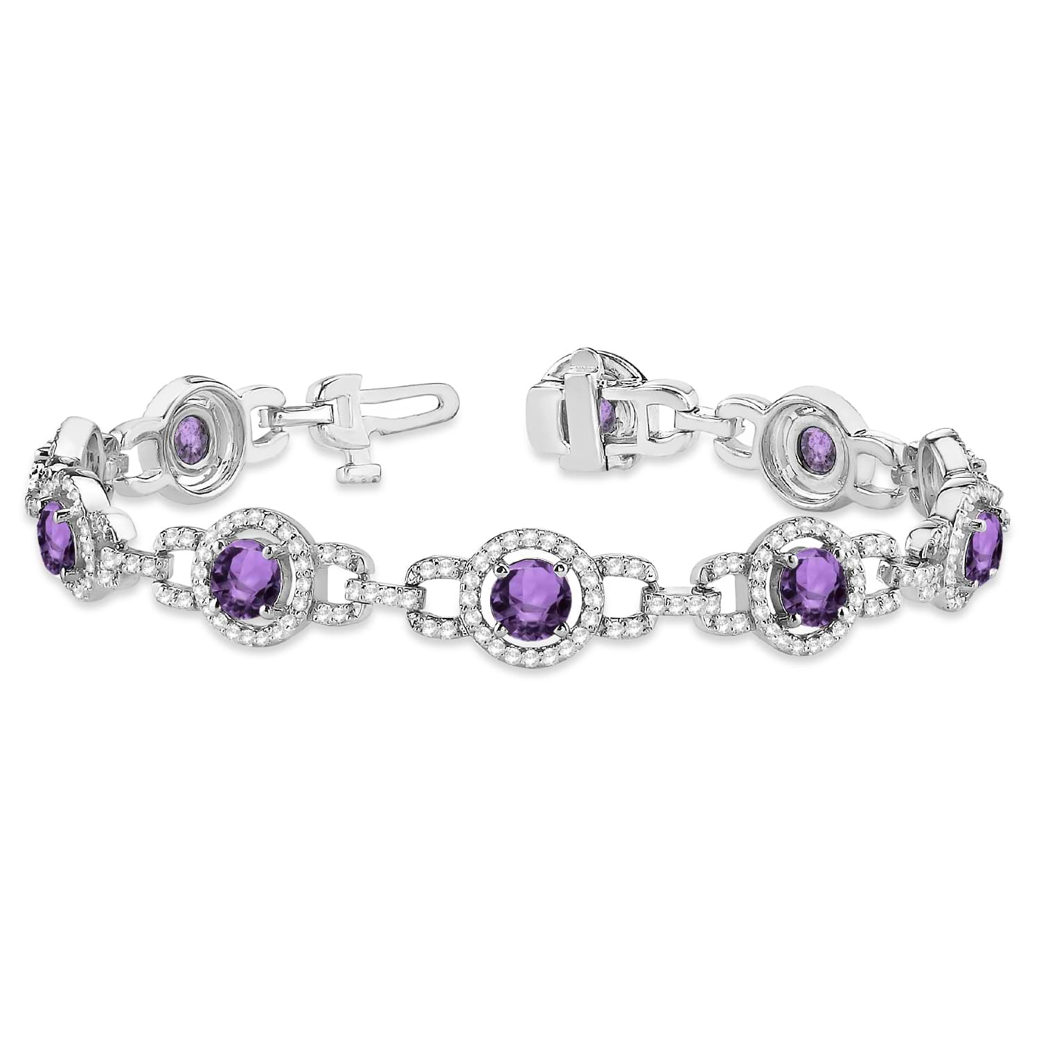 Luxury Halo Amethyst & Diamond Link Bracelet 14k White Gold (8.00ct)
