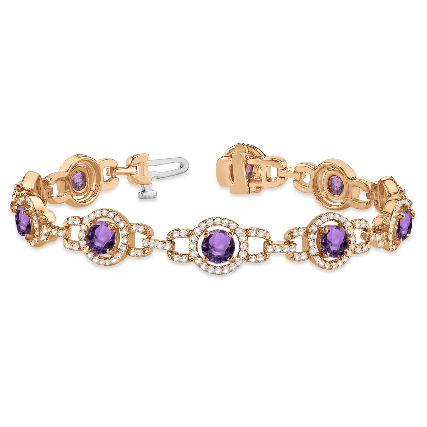 Luxury Halo Amethyst & Diamond Link Bracelet 18k Rose Gold (8.00ct)
