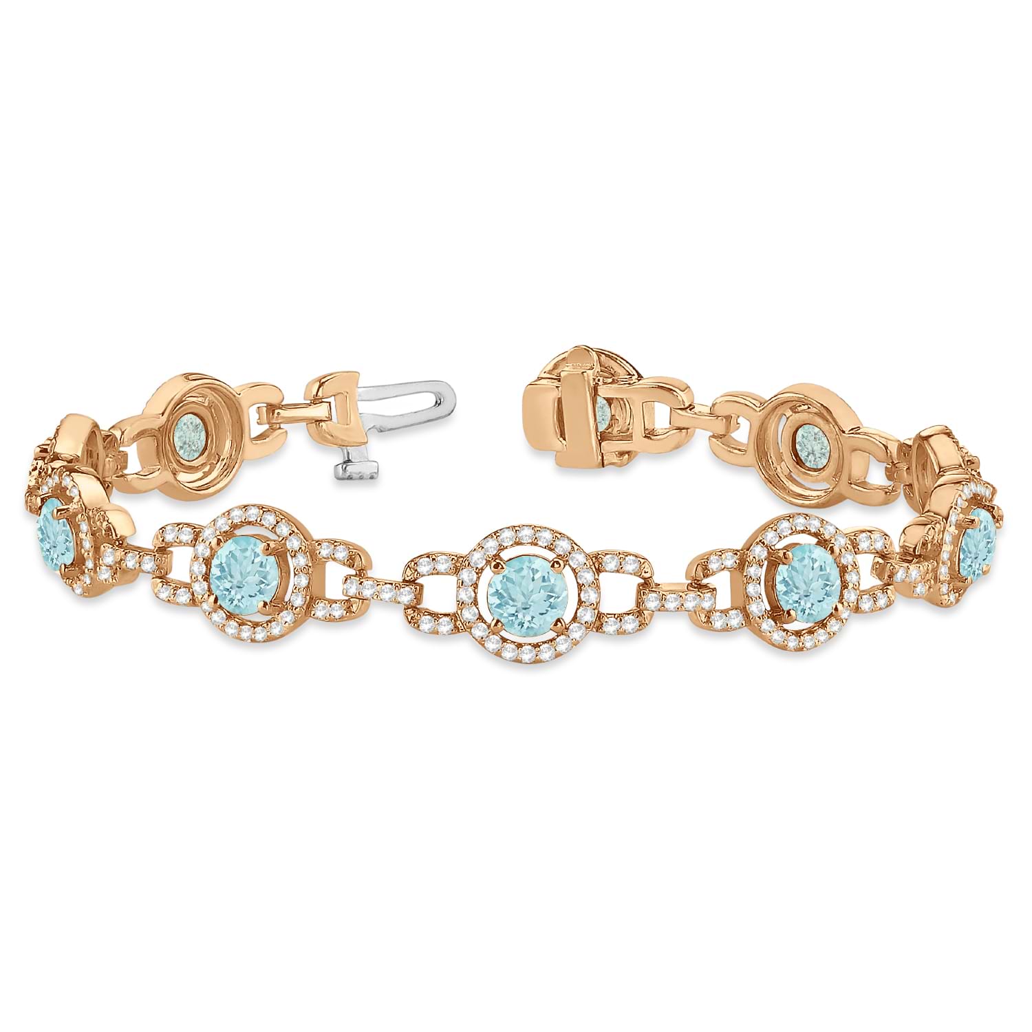 Luxury Halo Aquamarine & Diamond Link Bracelet 14k Rose Gold (8.00ct)