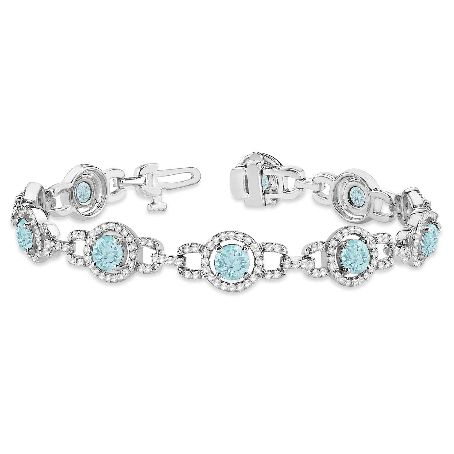 Luxury Halo Aquamarine & Diamond Link Bracelet 14k White Gold (8.00ct)