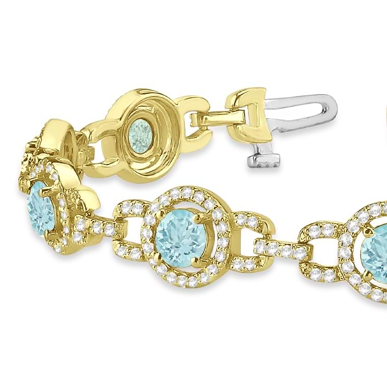 Luxury Halo Aquamarine & Diamond Link Bracelet 14k Yellow Gold (8.00ct)