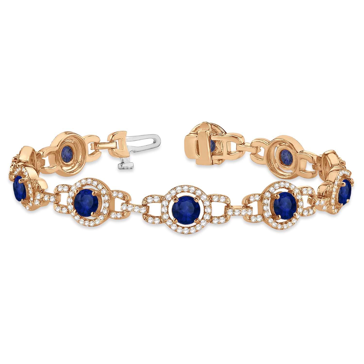 Luxury Halo Blue Sapphire & Diamond Link Bracelet 14k Rose Gold (8.00ct)