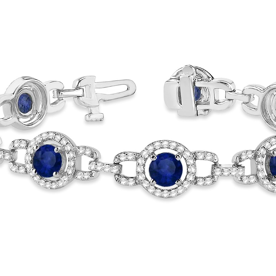 Luxury Halo Blue Sapphire & Diamond Link Bracelet 18k White Gold (8.00ct)