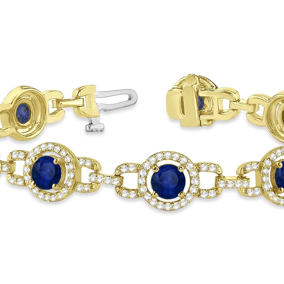Luxury Halo Blue Sapphire & Diamond Link Bracelet 18k Yellow Gold (8.00ct)