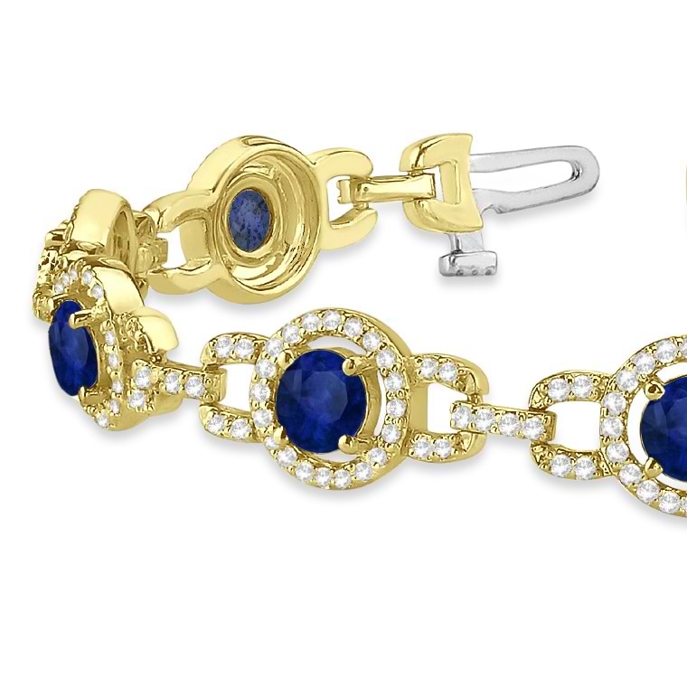 Luxury Halo Blue Sapphire & Diamond Link Bracelet 18k Yellow Gold (8.00ct)