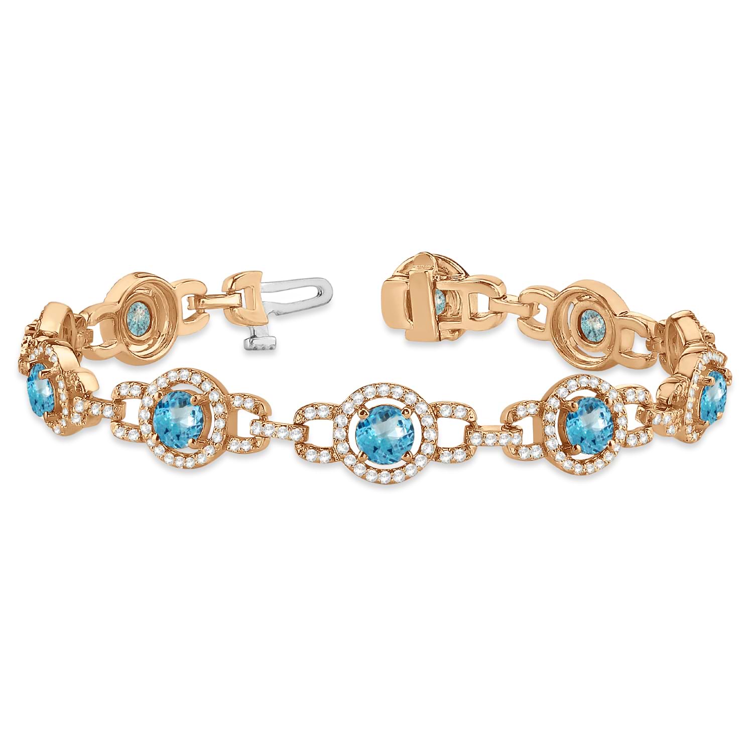 Luxury Halo Blue Topaz & Diamond Link Bracelet 14k Rose Gold (8.00ct)