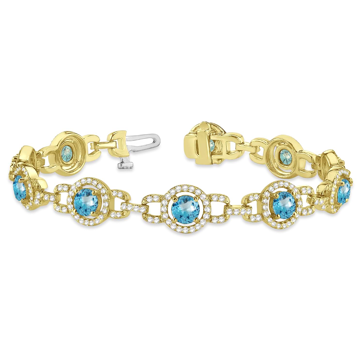 Luxury Halo Blue Topaz & Diamond Link Bracelet 14k Yellow Gold (8.00ct)