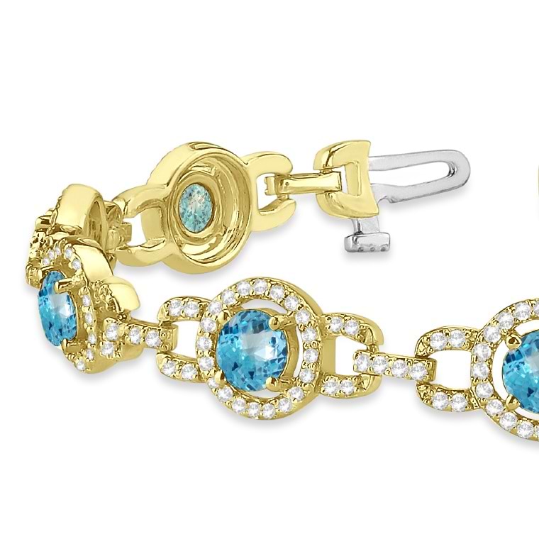 Luxury Halo Blue Topaz & Diamond Link Bracelet 14k Yellow Gold (8.00ct)