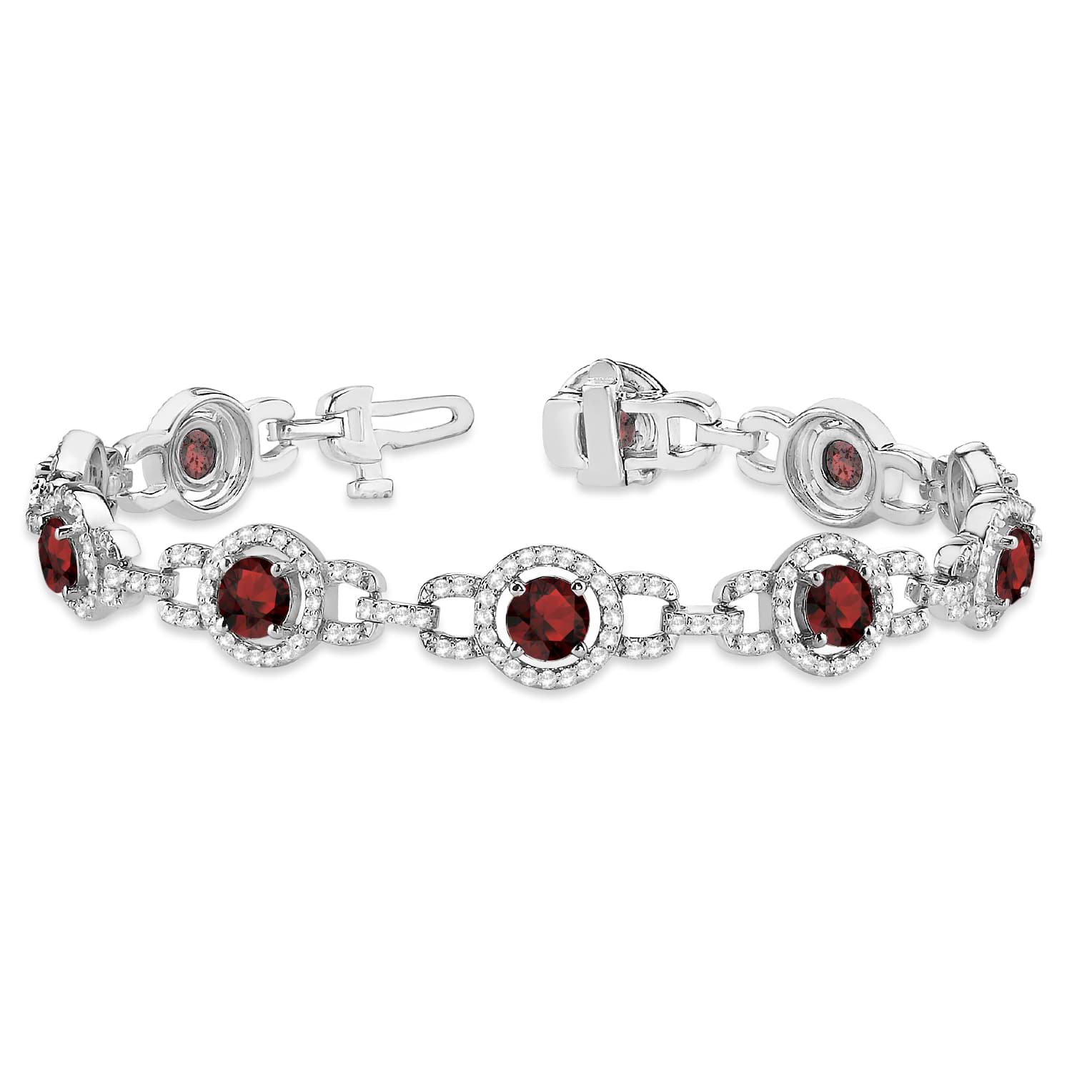Luxury Halo Garnet & Diamond Link Bracelet 14k White Gold (8.00ct)