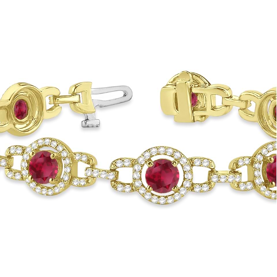 Luxury Halo Ruby & Diamond Link Bracelet 14k Yellow Gold (8.00ct)