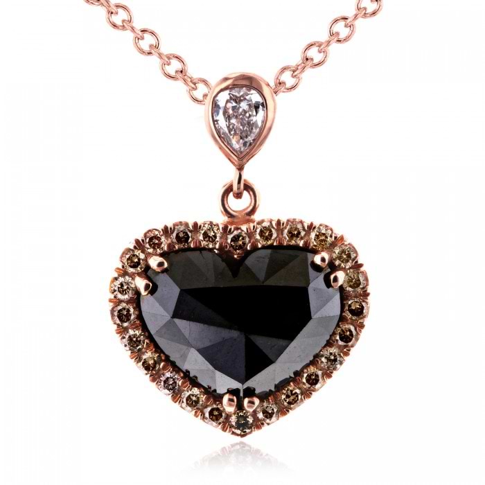 Black, Champagne & White Diamond Heart Necklace 18k Rose Gold (1.88ct)