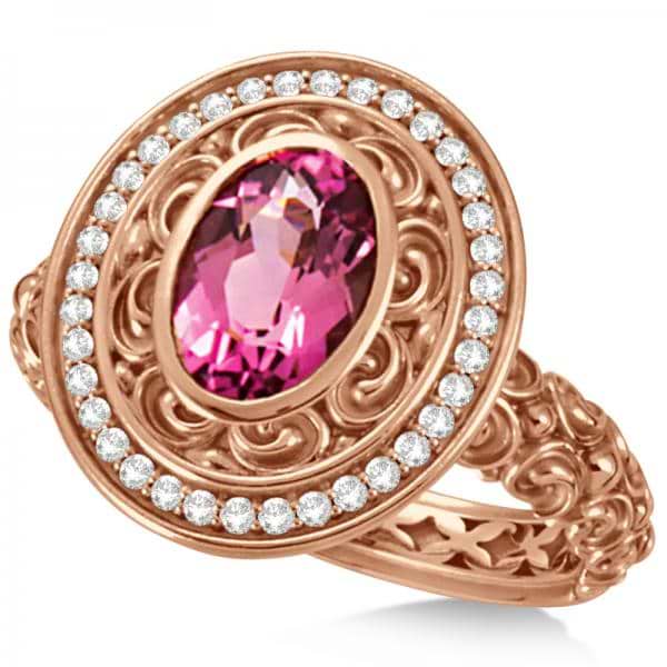 Diamond & Oval Pink Tourmaline Halo Carved Ring 14k Rose Gold (1.20ct)