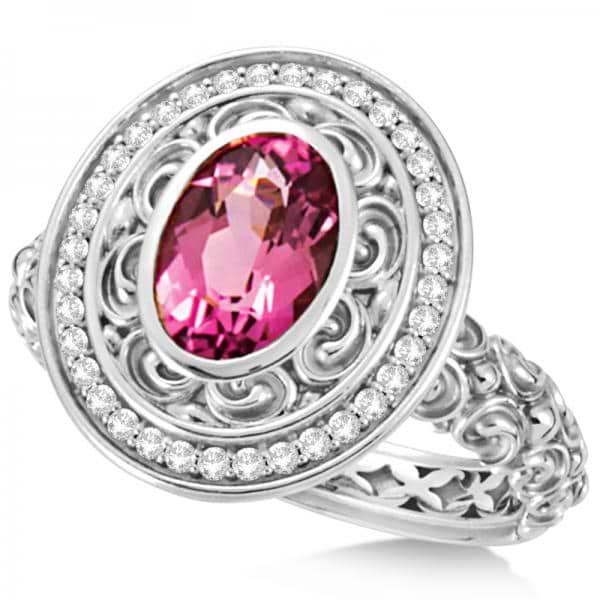 Diamond & Oval Pink Tourmaline Halo Carved Ring 14k White Gold (1.20ct)