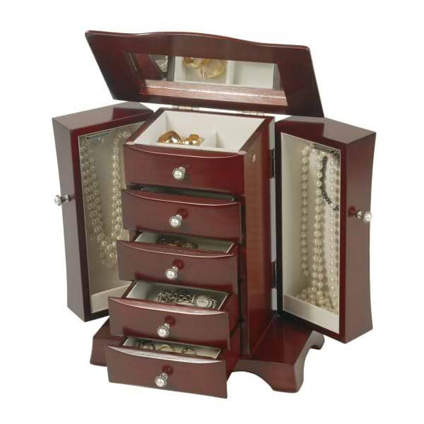 Mahogany Finish Wooden Jewelry Box. Hour Glass Style Upright Storage
