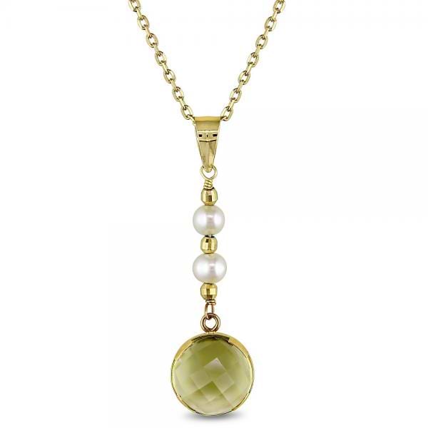 Freshwater Cultured Pearl & Lemon Quartz Necklace 14k Y. Gold 3-3.5mm
