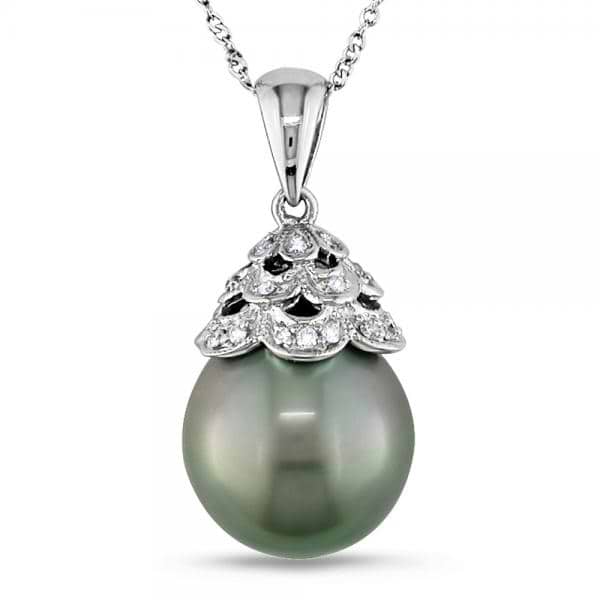 Black Tahitian Pearl & Diamond Necklace 14k W. Gold 10-10.5mm