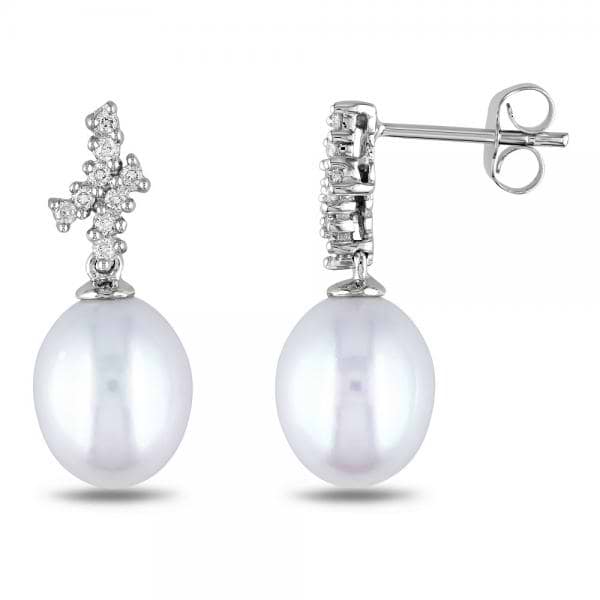 White Freshwater Pearl Earrings w/ Diamonds 14k White Gold 8.5-9mm