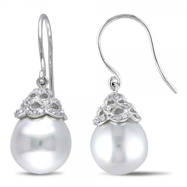 White South Sea Pearl & Diamond Drop Earrings 14k White Gold 10.5-11mm