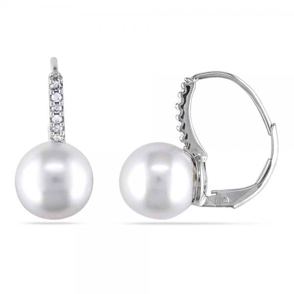 White South Sea Pearl and Diamond Earrings Leverbacks 14k White Gold