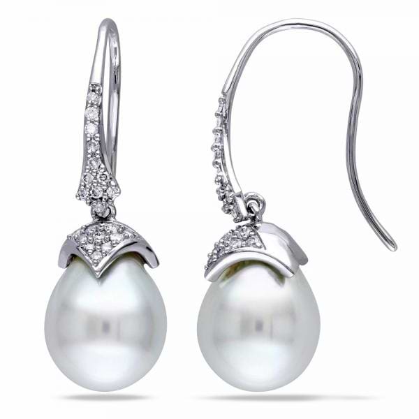 White South Sea Pearl & Diamond Drop Earrings 14k White Gold 9-9.5mm