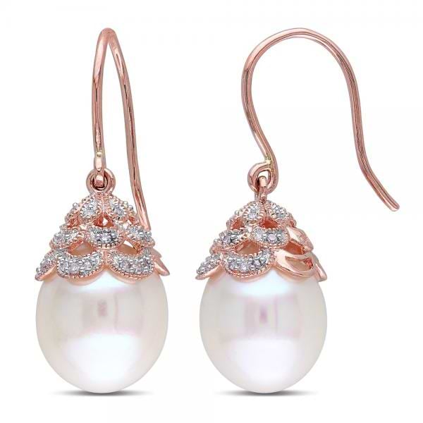 Freshwater Pearl Earrings w/ Diamond Accents 14k Rose Gold 10.5-11mm