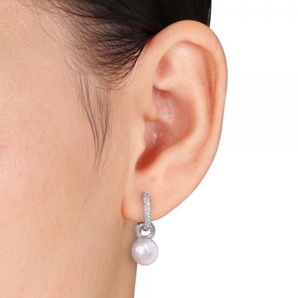 South Sea Pearl & Diamond Huggie Drop Earrings 14k. White Gold 9-9.5mm