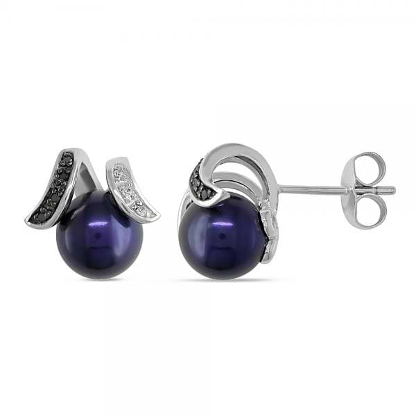 Black Pearl Earrings w/ Black & White Diamonds 14k White Gold 8-8.5mm