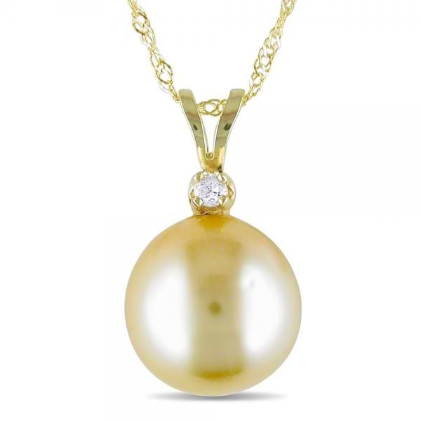 Golden South Sea Pearl Pendant Necklace w/  Diamond 14k Y. Gold 9-10mm