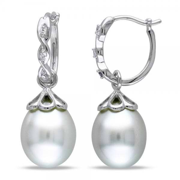 White South Sea Pearl and Diamond Drop Earrings 14k W Gold 9-9.5mm