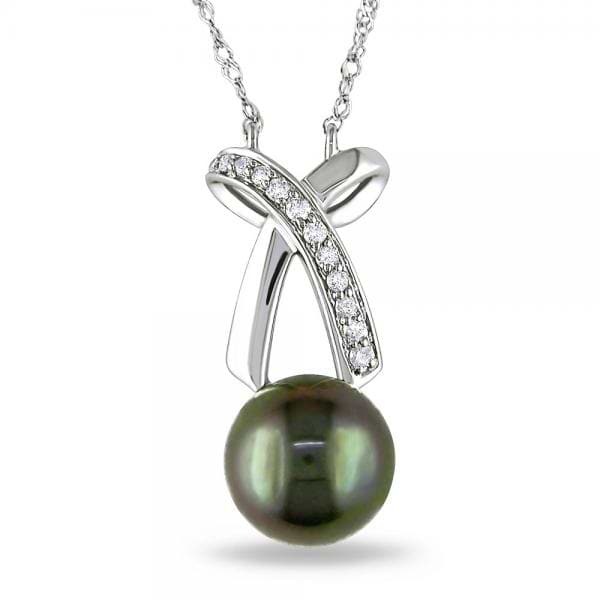Black Tahitian Pearl Necklace with Diamond Bow 14k White Gold 0.10ct