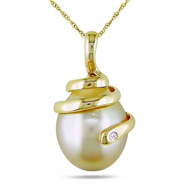 Golden South Sea Pearl Swirl Pendant Necklace 14k Y. Gold 10-10.5mm