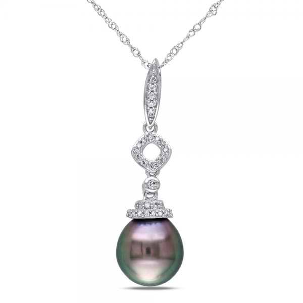 Black Tahitian Pearl & Diamond Geometric Necklace 14k W. Gold 9-9.5mm