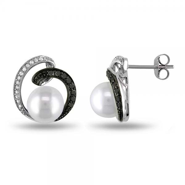 Pearl Swirl Earrings w/ White & Black Diamonds 14k White Gold 8-8.5mm