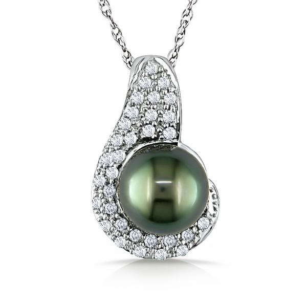 Black Tahitian Pearl & Diamond Cluster Necklace 14k W. Gold 0.24ct.