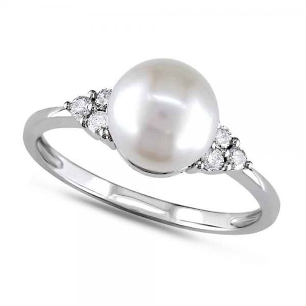 Freshwater Pearl Ring w/ Diamond Accents 14k W. Gold 7.5-8mm (0.12ct)