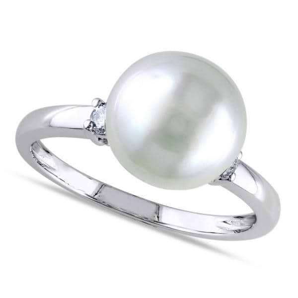 Solitaire South Sea Pearl Ring w/ Diamond Accents 14k W. Gold 9-5.10mm
