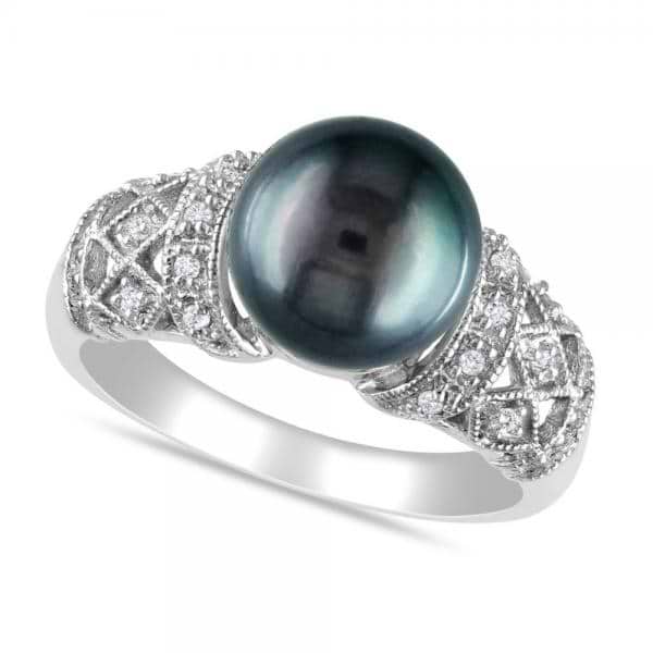 Black Tahitian Pearl & Diamond Vintage Ring 14k White Gold 9-9.5mm