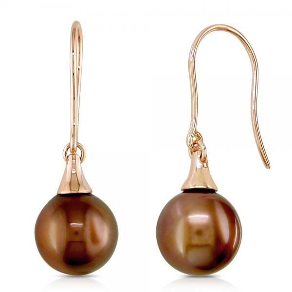 Chocolate Tahitian Pearl Drop Hook Earrings 14k Rose Gold  9-9.5mm