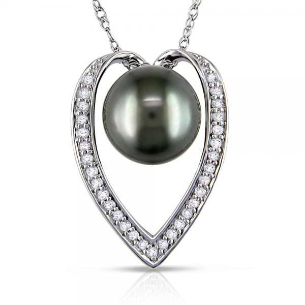 Black Tahitian Pearl & Diamond Heart Pendant Necklace 14k White Gold