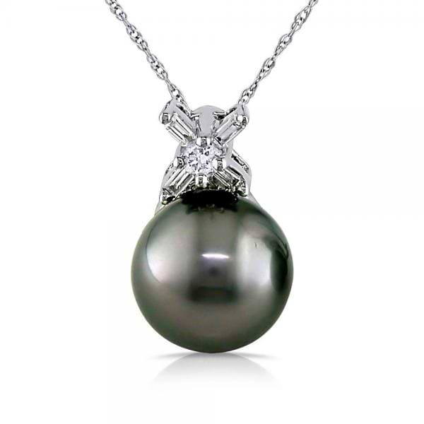 Black Tahitian Pearl Pendant Necklace w/ Diamonds 14k W. Gold 0.12ct