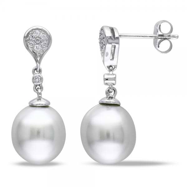 Ladies South Sea Pearl Drop Earrings w/ Diamonds 14k W. Gold 9-9.5mm