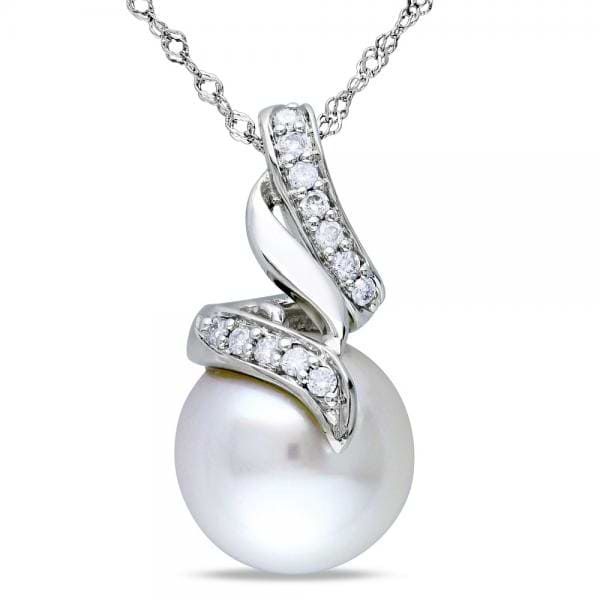 South Sea Pearl & Diamond Swirl Pendant Necklace 14k W. Gold 9.5-10mm