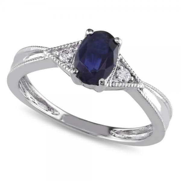 Oval Blue Sapphire & Diamond Promise Ring in 14k White Gold (0.60ct)